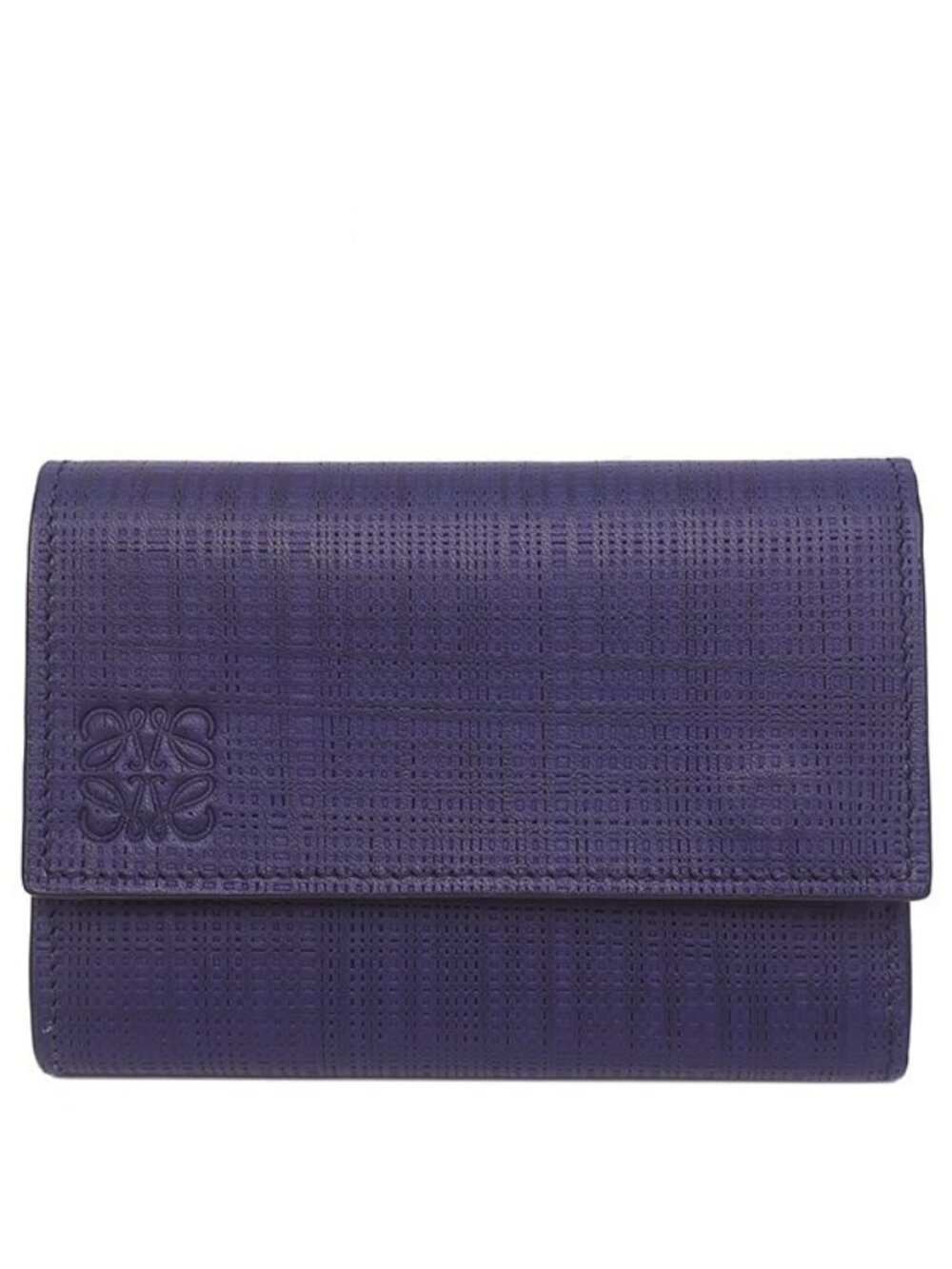 Loewe Trifold Wallet Linen Anagram Compact Leather Navy Silver Coin Purse Bill